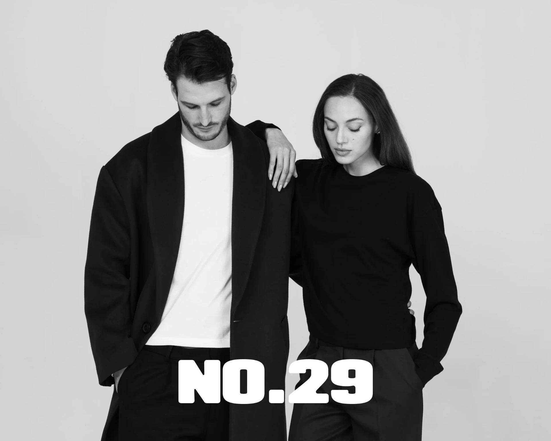 NO.29 studio campaign - black overcoat, black-and-white.